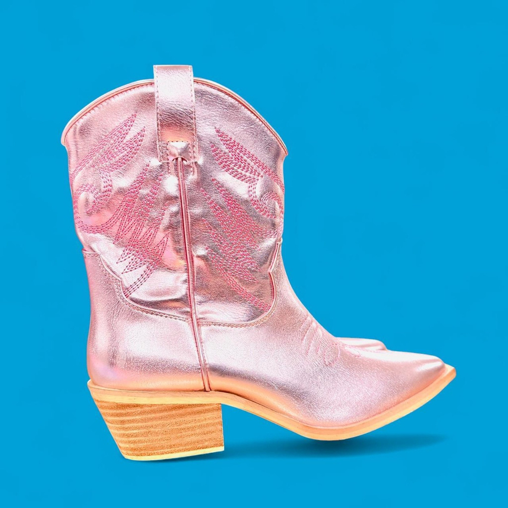 Futuristic Metallic Pastel Pink Mid Calf Cowboy Booties 8.5